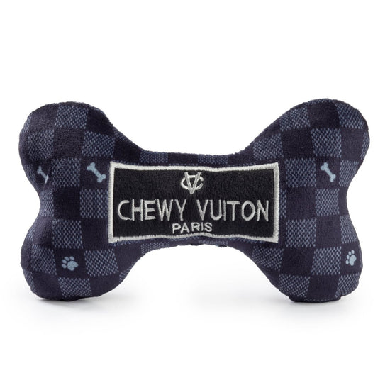 Black Checker Chewy Vuiton Bone Squeaker Dog Toy: Large - Briggs 'n' Wiggles