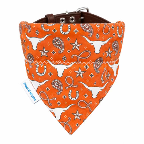 Shop our burnt orange paisley dog bandana featuring Western rope and steer details. An easy over-the-collar style perfect for game day and fall.