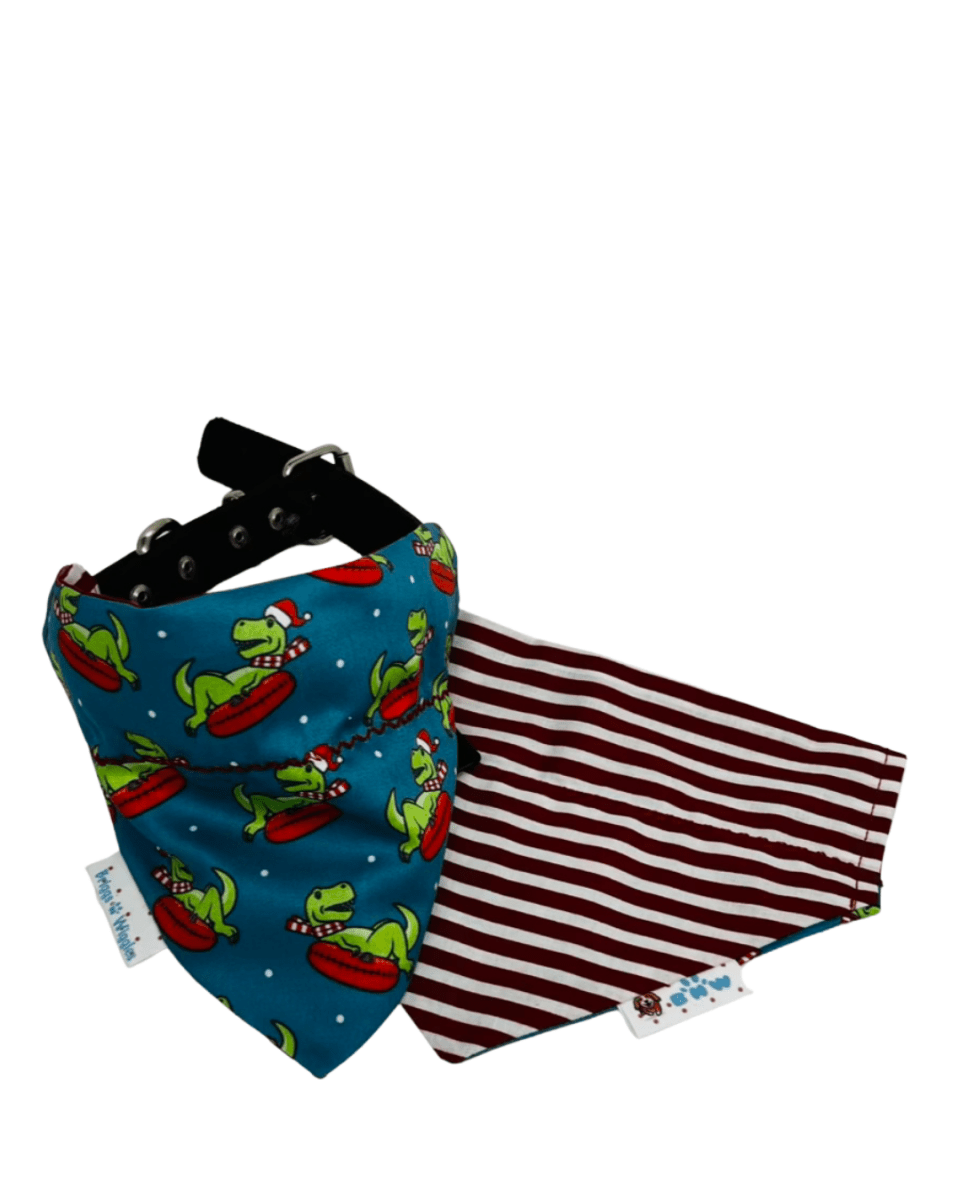 Christmas Dino on a Raft Dog Bandana – Aqua with White Polka Dots & Floating Dinosaur in Red Scarf, Reversible Red and White Stripe - Briggs 'n' Wiggles
