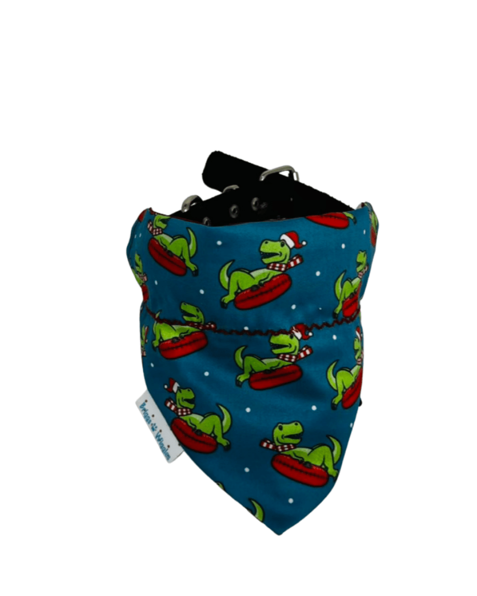 Christmas Dino on a Raft Dog Bandana – Aqua with White Polka Dots & Floating Dinosaur in Red Scarf, Reversible Red and White Stripe - Briggs 'n' Wiggles