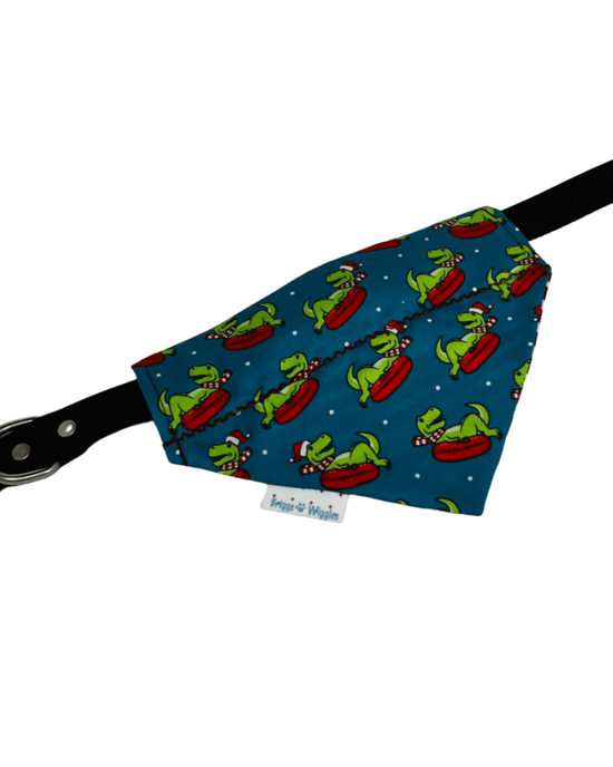 Christmas Dino on a Raft Dog Bandana – Aqua with White Polka Dots & Floating Dinosaur in Red Scarf, Reversible Red and White Stripe - Briggs 'n' Wiggles