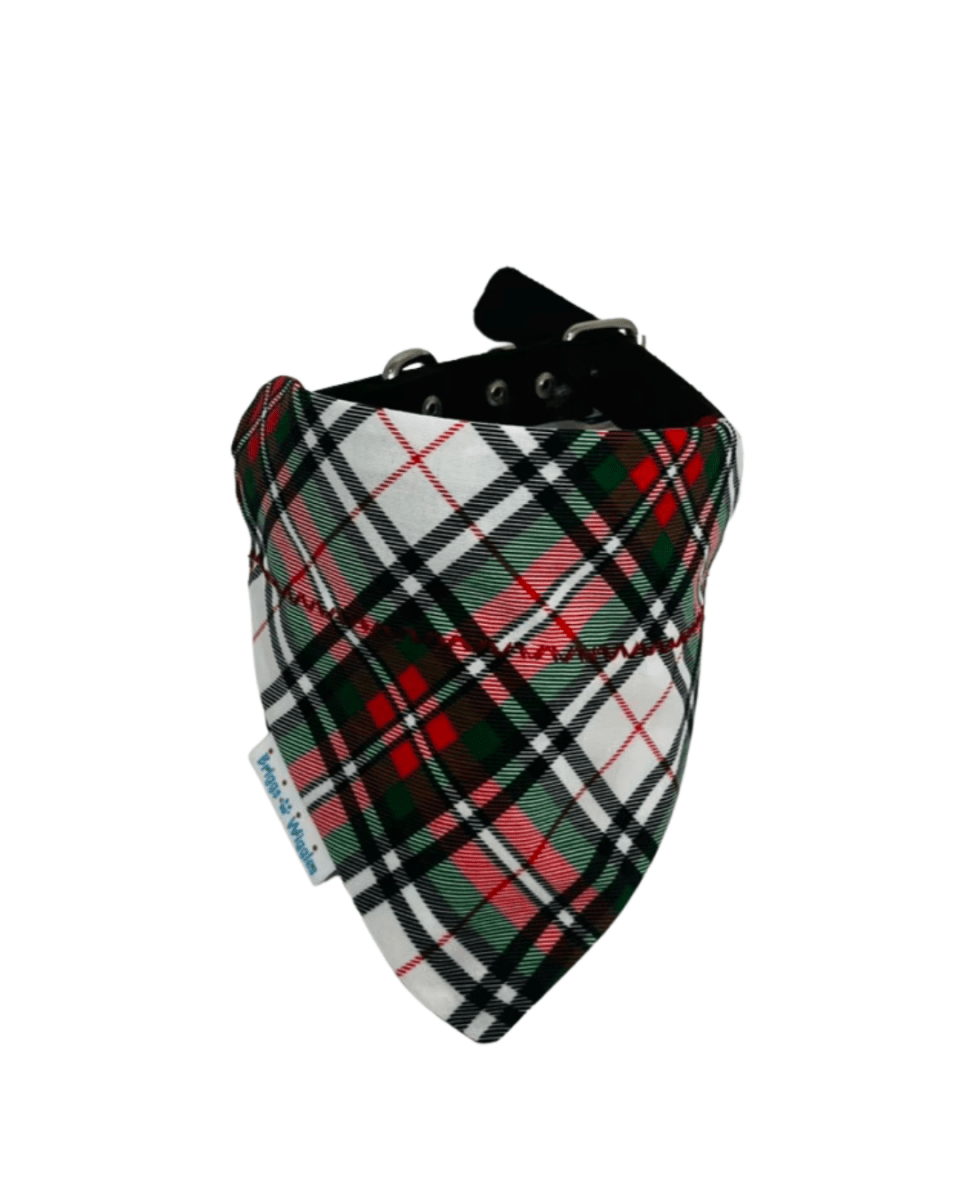 Classic Christmas Plaid Dog Bandana – Black, Red, White & Green Tartan, Reversible Red and White Polka Dot - Briggs 'n' Wiggles