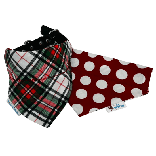 Classic Christmas Plaid Dog Bandana – Black, Red, White & Green Tartan, Reversible Red and White Polka Dot - Briggs 'n' Wiggles