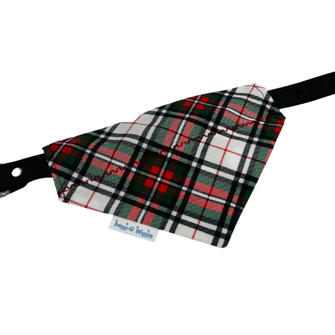Classic Christmas Plaid Dog Bandana – Black, Red, White & Green Tartan, Reversible Red and White Polka Dot - Briggs 'n' Wiggles