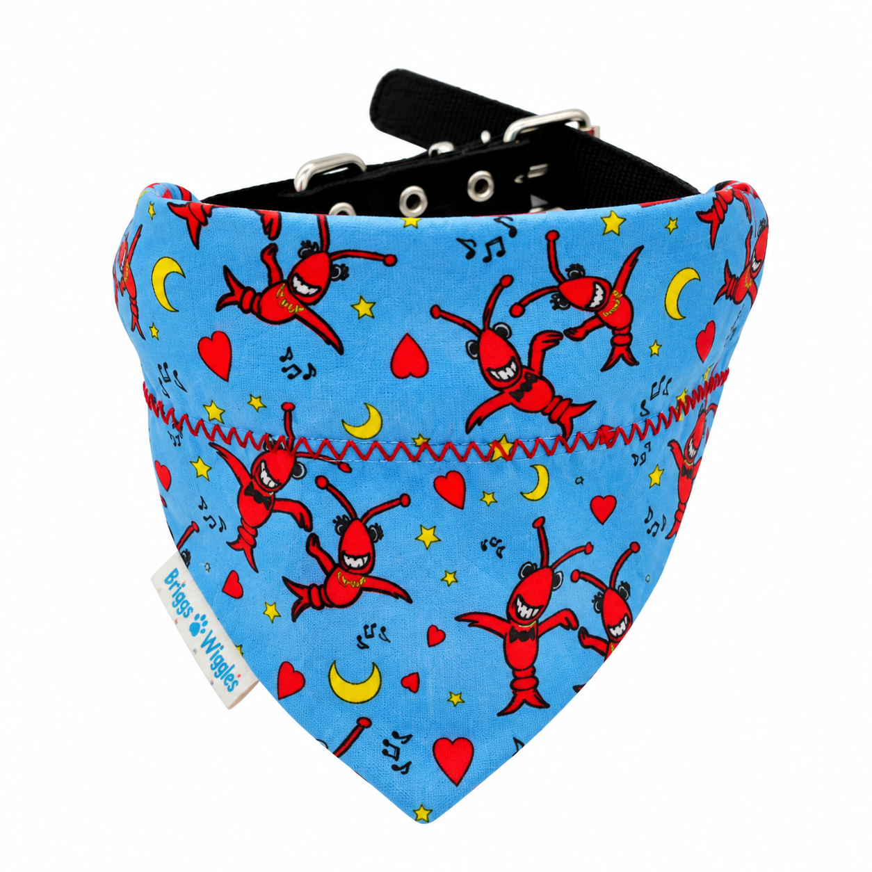 Blue crawfish dog bandana with red Louisiana crawfish handmade by Briggs ’n’ Wiggles