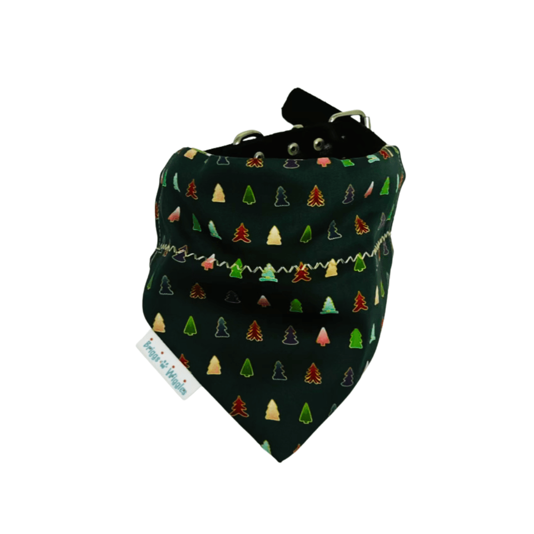 Elegant Forest Green & Gold Christmas Trees Dog Bandana - Reversible Holiday Plaid - Briggs 'n' Wiggles