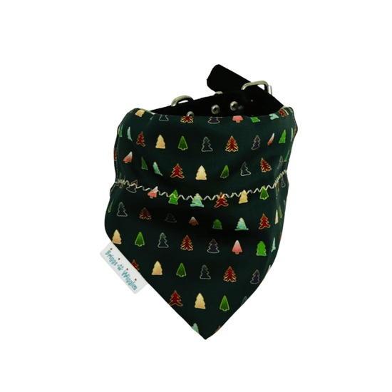 Elegant Forest Green & Gold Christmas Trees Dog Bandana - Reversible Holiday Plaid - Briggs 'n' Wiggles
