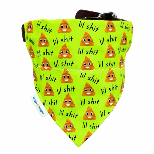 Handmade Lil' Shit funny dog bandana featuring playful poop emoji print, available in pink, neon green, red and blue.