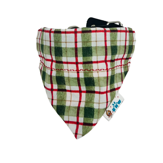 Reversible Christmas Plaid dog bandana red, green and gold metallic tones. 