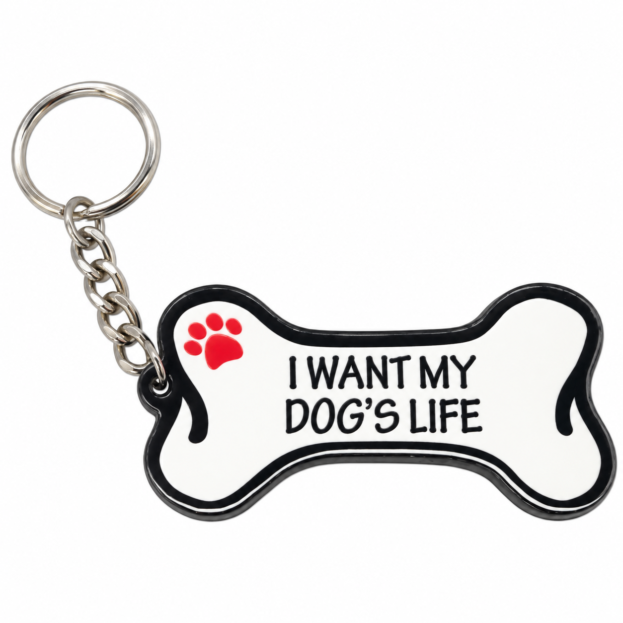 White bone-shaped “I Want My Dog’s Life” keychain with a black border, red paw print, and silver keyring on a white background.