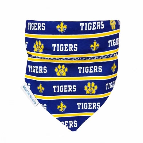 Purple and gold tiger dog bandana with fleur-de-lis and paw print design for Louisiana-inspired football game day.