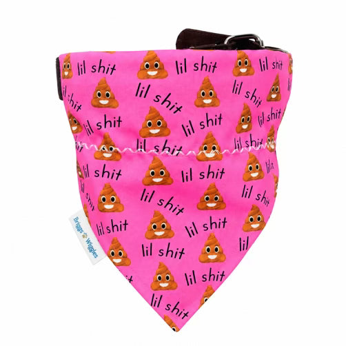 Handmade Lil' Shit funny dog bandana featuring playful poop emoji print, available in pink, neon green, red and blue.