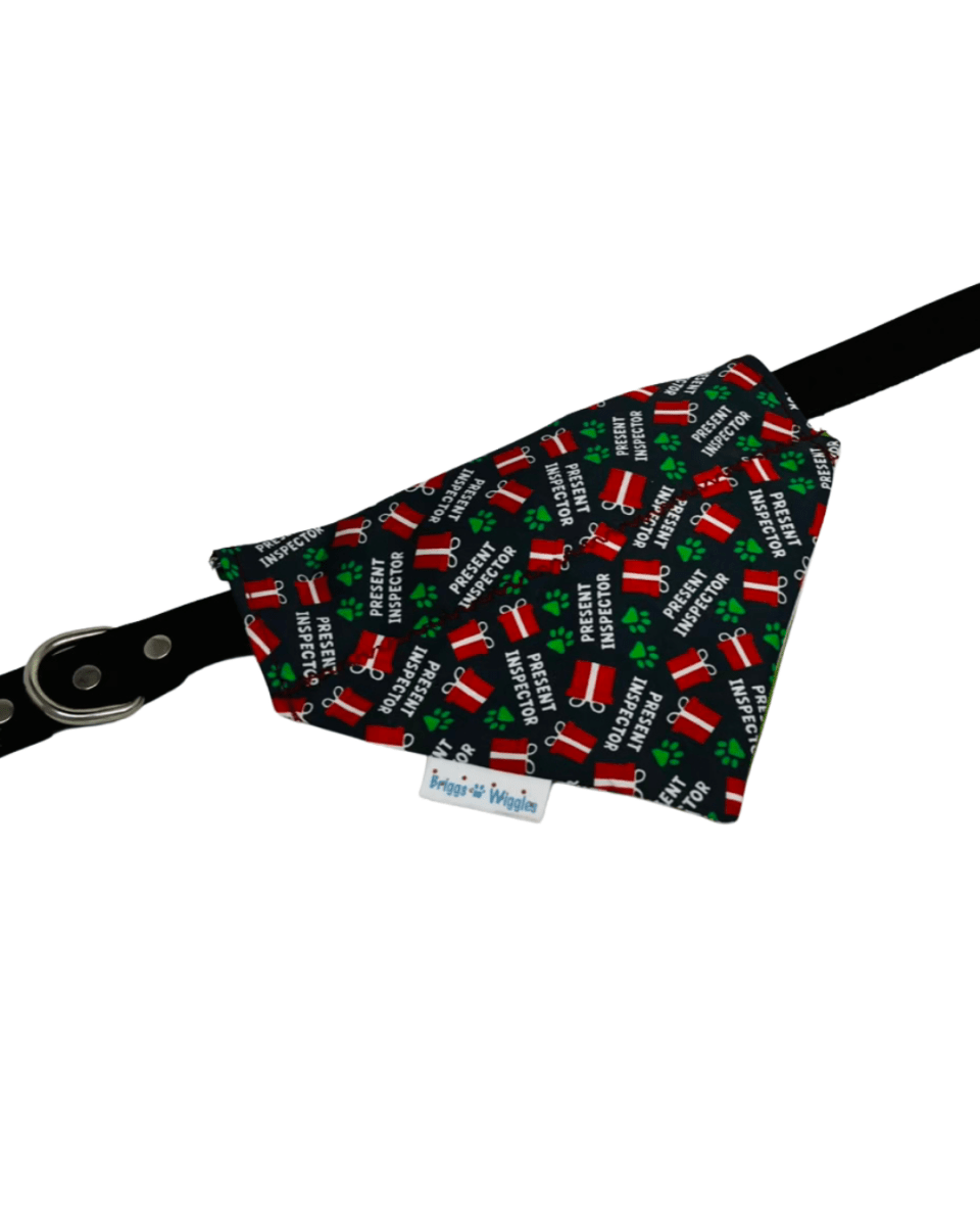 Present Inspector Dog Bandana – Smoky Gray with Floating Presents & Green Paw Prints, Reversible Green and White Stripe - Briggs 'n' Wiggles