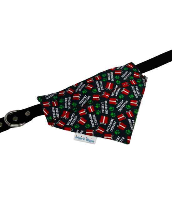 Present Inspector Dog Bandana – Smoky Gray with Floating Presents & Green Paw Prints, Reversible Green and White Stripe - Briggs 'n' Wiggles