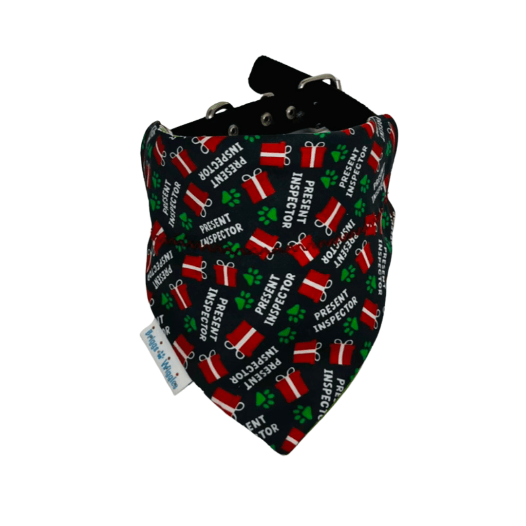 Present Inspector Dog Bandana – Smoky Gray with Floating Presents & Green Paw Prints, Reversible Green and White Stripe - Briggs 'n' Wiggles