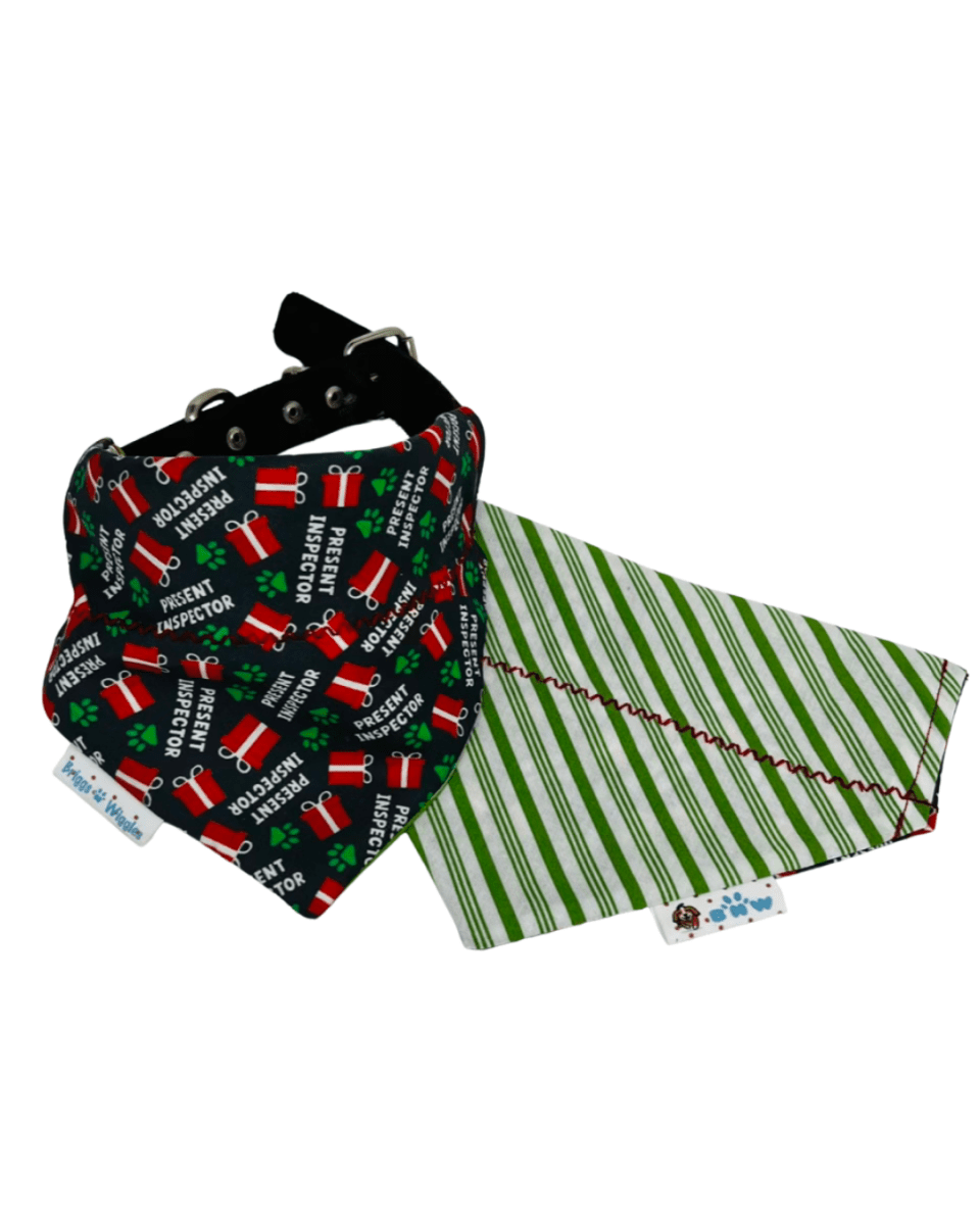 Present Inspector Dog Bandana – Smoky Gray with Floating Presents & Green Paw Prints, Reversible Green and White Stripe - Briggs 'n' Wiggles