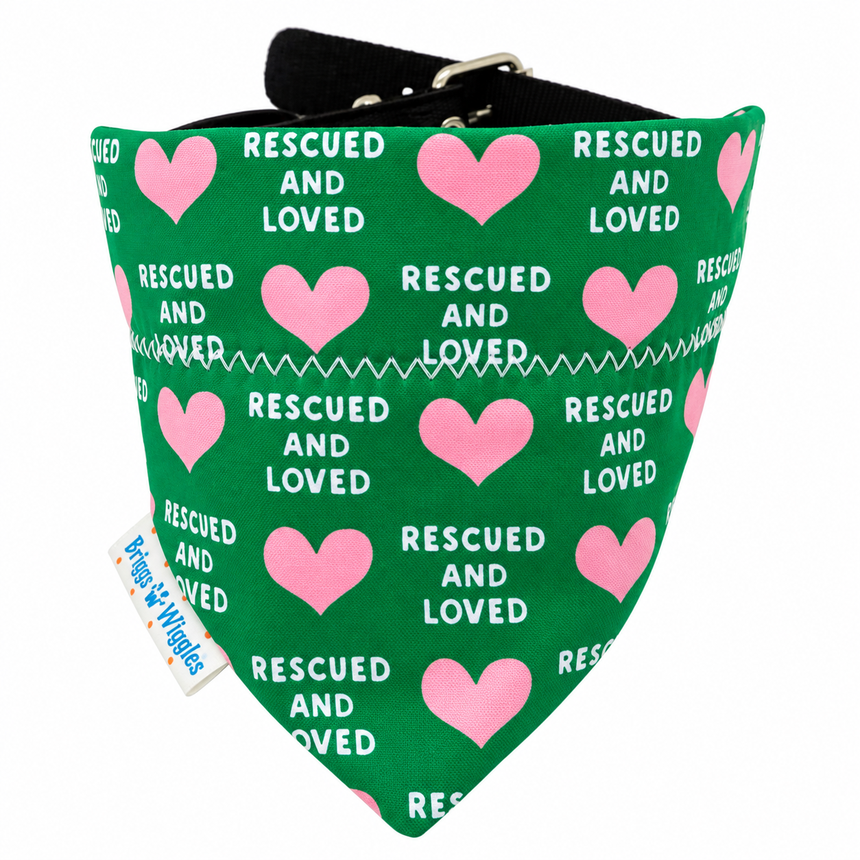 Green Rescued and Loved rescue dog bandana with pink hearts handmade by Briggs ’n’ Wiggles