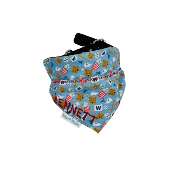 Reversible Chicago Cubs Inspired Dog Bandana - Popcorn, Baseballs, W Flag & Cubs - Briggs 'n' Wiggles
