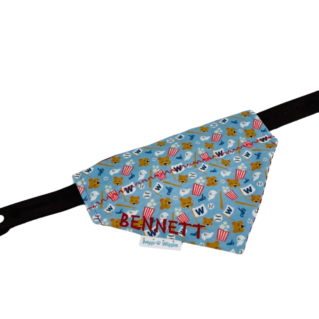 Reversible Chicago Cubs Inspired Dog Bandana - Popcorn, Baseballs, W Flag & Cubs - Briggs 'n' Wiggles