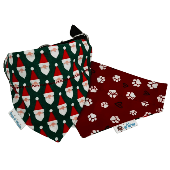 Santa Claus Dog Bandana - Green with Red Paw Print reverse | Briggs 'n' Wiggles - Briggs 'n' Wiggles