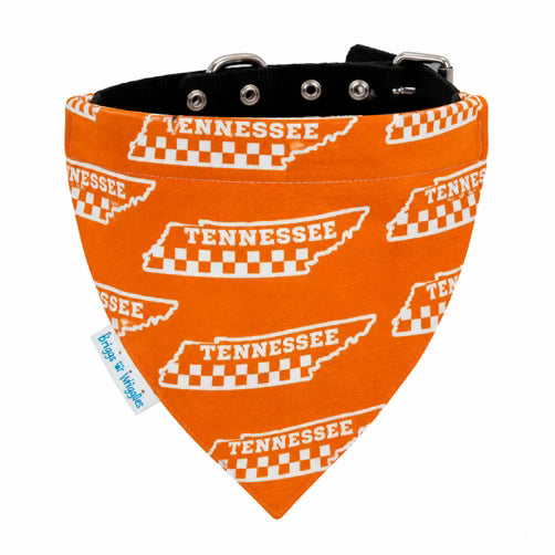 Orange Tennessee-inspired dog bandana with white state and checkerboard print, handmade by Briggs ’n’ Wiggles