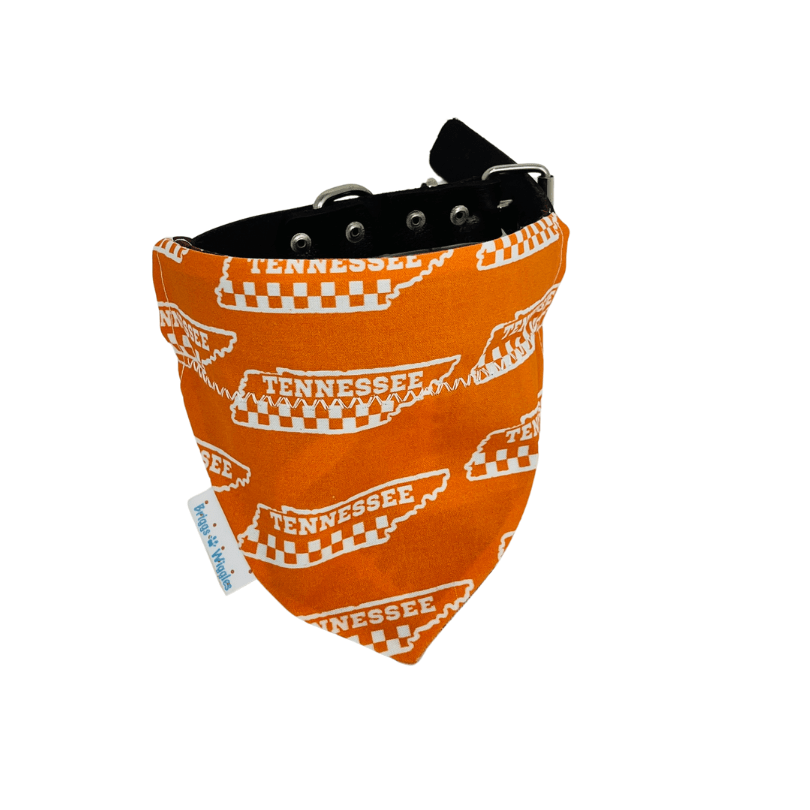 Tennessee Vols Dog Bandana - Orange with White Tennessee Print - Briggs 'n' Wiggles