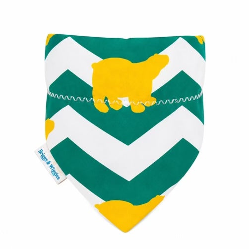 Green and gold bear dog bandana for Waco game days, Texas football season, tailgates and spirited pups.