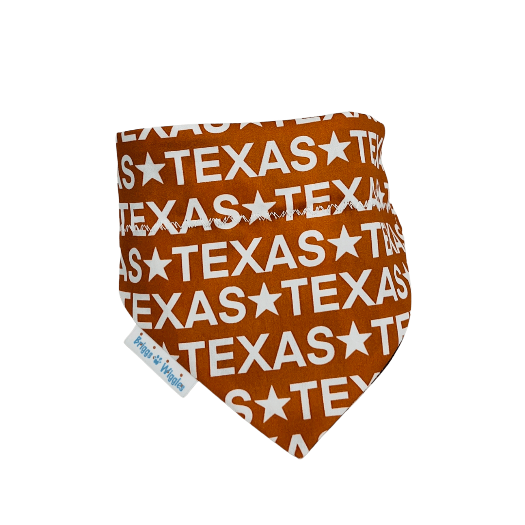 Texas Longhorns Dog Bandana | Burnt Orange “TEXAS” Print - Briggs 'n' Wiggles