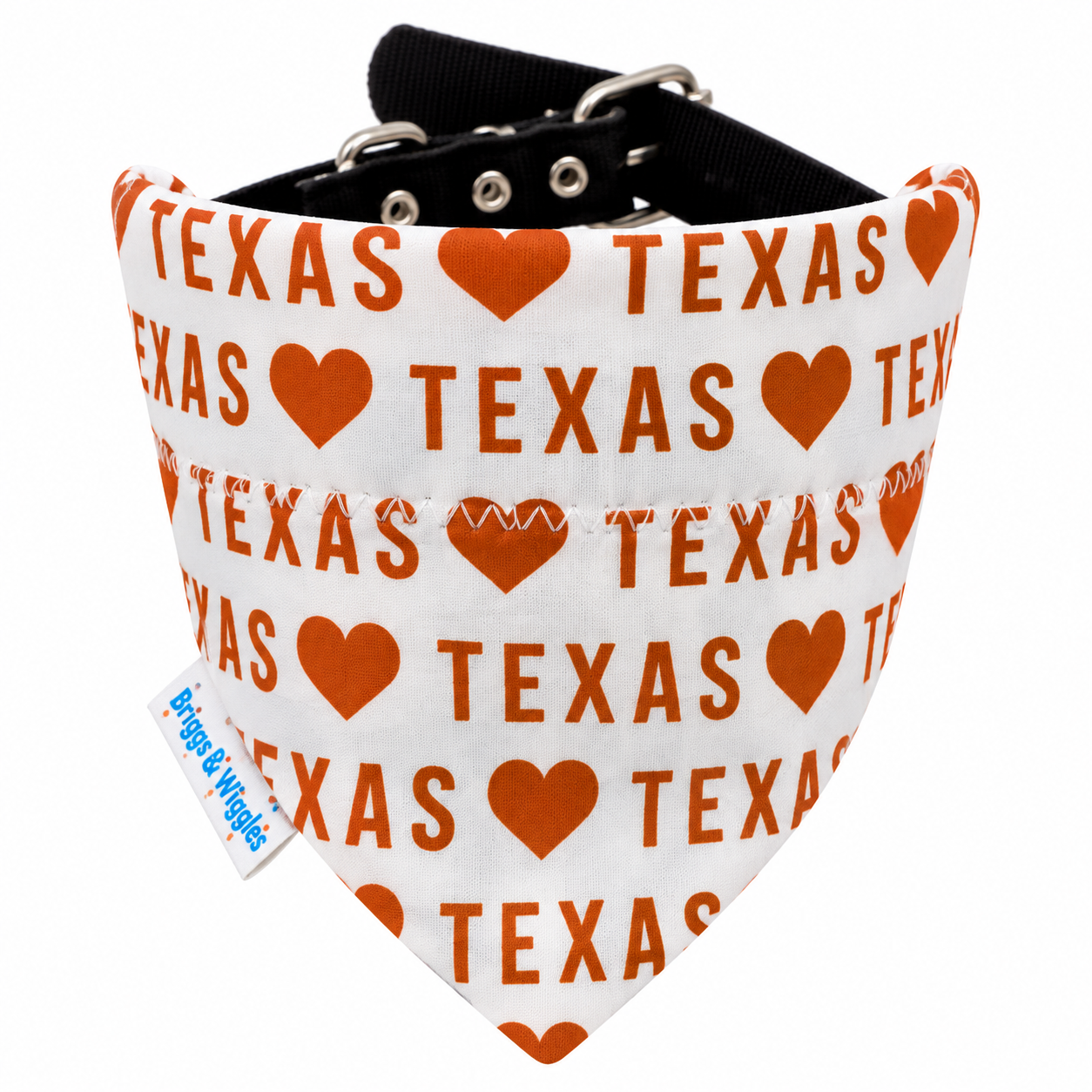 Texas Love burnt orange dog bandana with Texas lettering and hearts handmade by Briggs ’n’ Wiggles