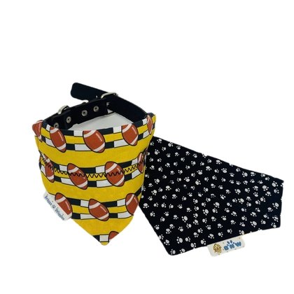 Load image into Gallery viewer, Black and Gold Football Over the Collar Dog Bandana - Briggs &amp;#39;n&amp;#39; Wiggles
