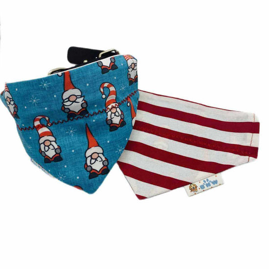 Reversible Christmas Gnomes Dog Bandana with aqua gnome print and red stripe reverse – festive handmade holiday pet accessory.