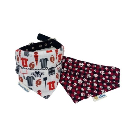 Load image into Gallery viewer, Red and Black Plaid Football Over the Collar Dog Bandana - Briggs &amp;#39;n&amp;#39; Wiggles
