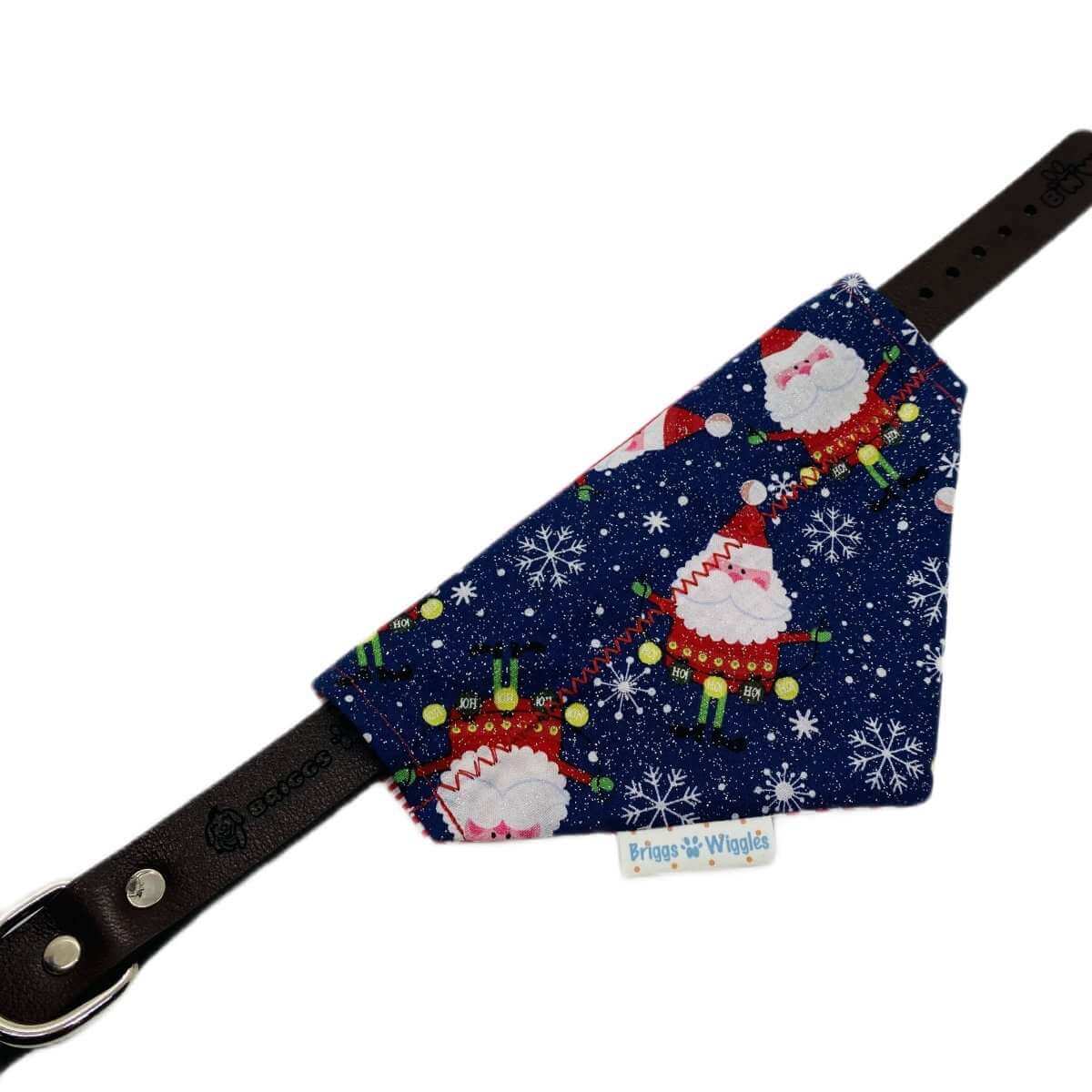 Load image into Gallery viewer, Sparkly Santa on Navy with red and white Gingham Dog Bandana - Briggs &amp;#39;n&amp;#39; Wiggles
